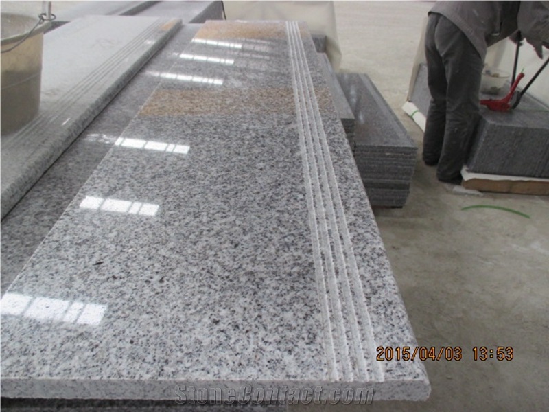 Low Price China G603 Light Grey, Sesame White Flamed Granite Slabs & Tiles, Cheap Bianco Crystal Granite in Stairs Steps with Anti Slip, Beveled Long Edge, Treads and Risers, Natural Stone Building
