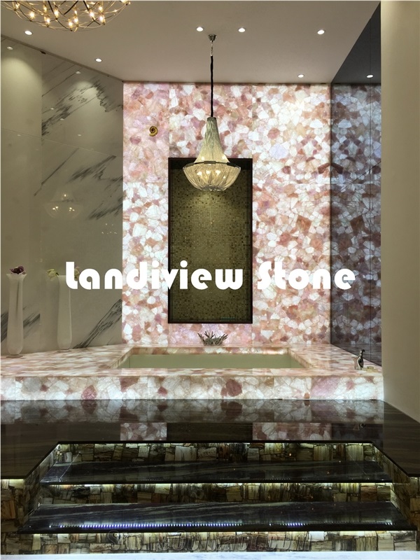 Pink Quartz Slabs and Tiles, Semiprecious Stone Slabs and Tiles