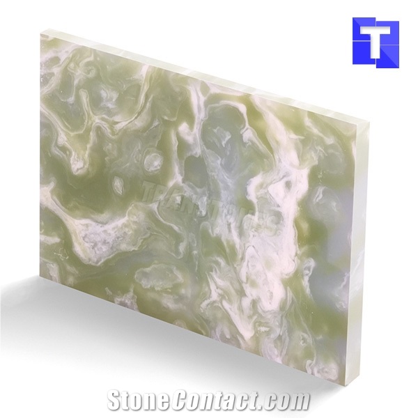 Artificial Green Crystal Onyx Wall Cladding Panel Floor Covering Tiles Solid Surface Translucent Backlit Verde Resin Glass Alabaster Stone for Bar Tops,Reception Table Desk Hotel Counter Tops