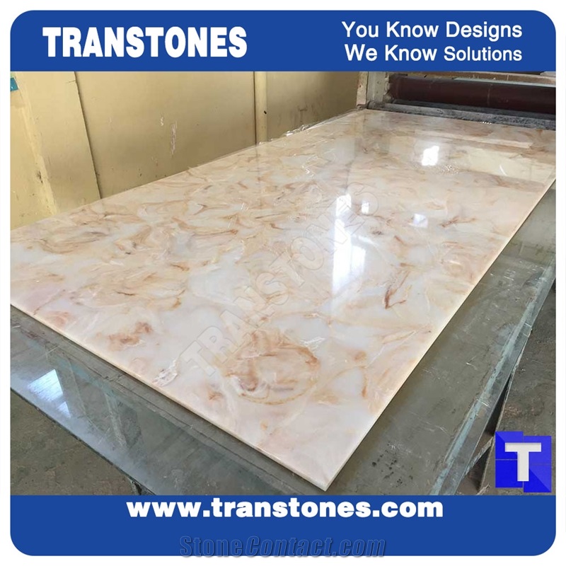 Artificial Marble Royal Beige Rose Glass Stone Slab for Wall Panel Floor Covering,Translucent Backlit Glass Stone Polished Slab for Conference Table Design Customzied Transtones