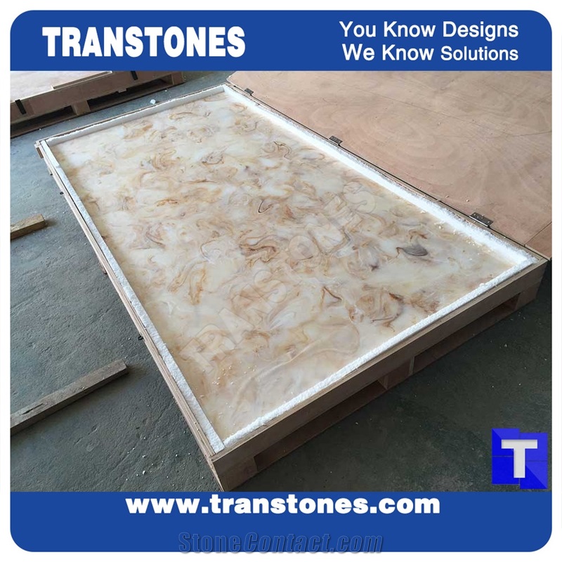 Artificial Marble Royal Beige Rose Glass Stone Slab for Wall Panel Floor Covering,Translucent Backlit Glass Stone Polished Slab for Conference Table Design Customzied Transtones