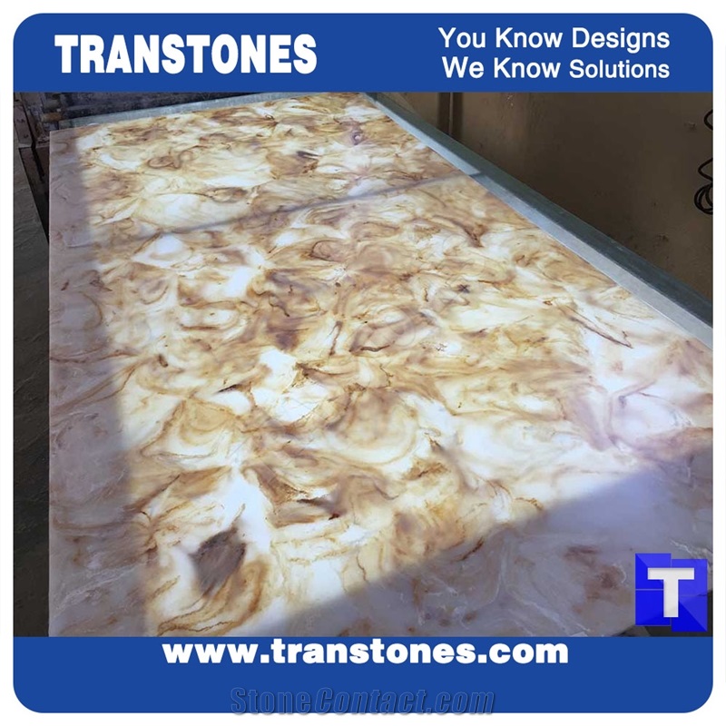 Artificial Marble Royal Beige Rose Glass Stone Slab for Wall Panel Floor Covering,Translucent Backlit Glass Stone Polished Slab for Conference Table Design Customzied Transtones