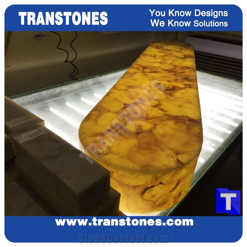 Engineered Glass Stone Solid Surface Yellow Spray Wave Faux Onyx Curved Reception Desk,Interior Tabletop Panel Furniture Stone