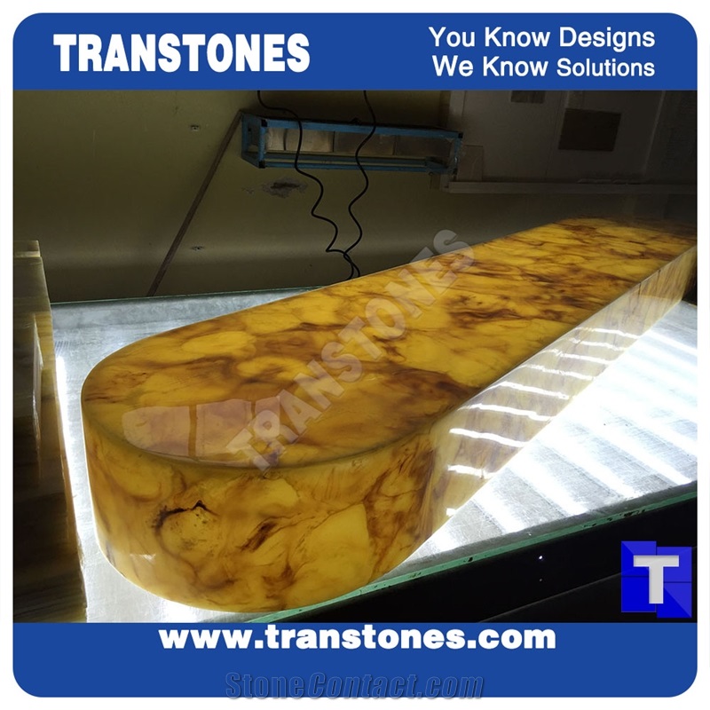 Engineered Glass Stone Solid Surface Yellow Spray Wave Faux Onyx Curved Reception Desk,Interior Tabletop Panel Furniture Stone