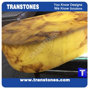 Engineered Glass Stone Solid Surface Yellow Spray Wave Faux Onyx Curved Reception Desk,Interior Tabletop Panel Furniture Stone