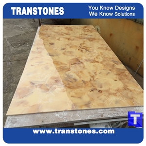 Good Price Yellow Dream Artificial Marble Slabs Tile for Wall Panel Floor Covering Paving,Translucent Backlit Crystallized Spray Wave Marble Look Glass Resin Golden Shell Marble Stone