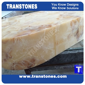 Honed Engineered Glass Stone Solid Surface Yellow Spray Wave Faux Onyx Curved Reception Desk,Interior Tabletop Panel Furniture Stone
