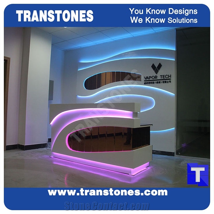 Led Light Solid Surface Artificial White Marble Office Table,Hotel Reception Desk,Engineered Stone Panel for Interior Furniture Stone Work Top