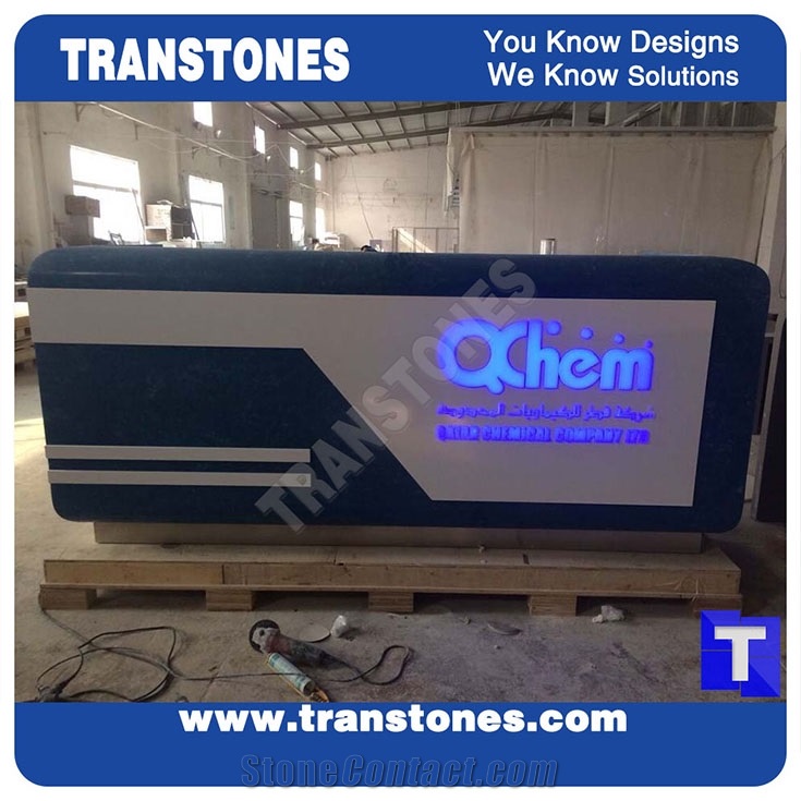 Led Light Solid Surface Artificial White Marble Office Table,Hotel Reception Desk,Engineered Stone Panel for Interior Furniture Stone Work Top