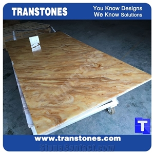 Processing Show-Solid Surface Arobo Dune Artificial Marble Bar Top,Golden Yellow Chain Reception Countertops High Gloss Polished for Office,Hotel Lobby Decor Interior Glass Resin Stone Manufacture