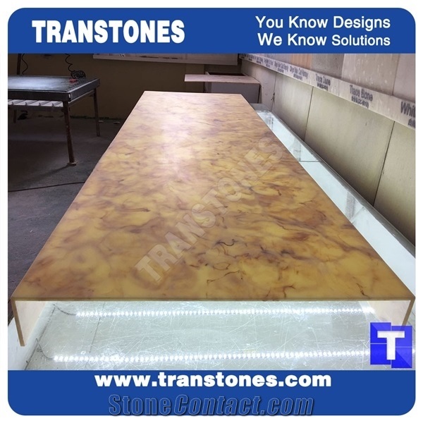 Processing Show-Solid Surface Arobo Dune Artificial Marble Bar Top,Golden Yellow Chain Reception Countertops High Gloss Polished for Office,Hotel Lobby Decor Interior Glass Resin Stone Manufacture