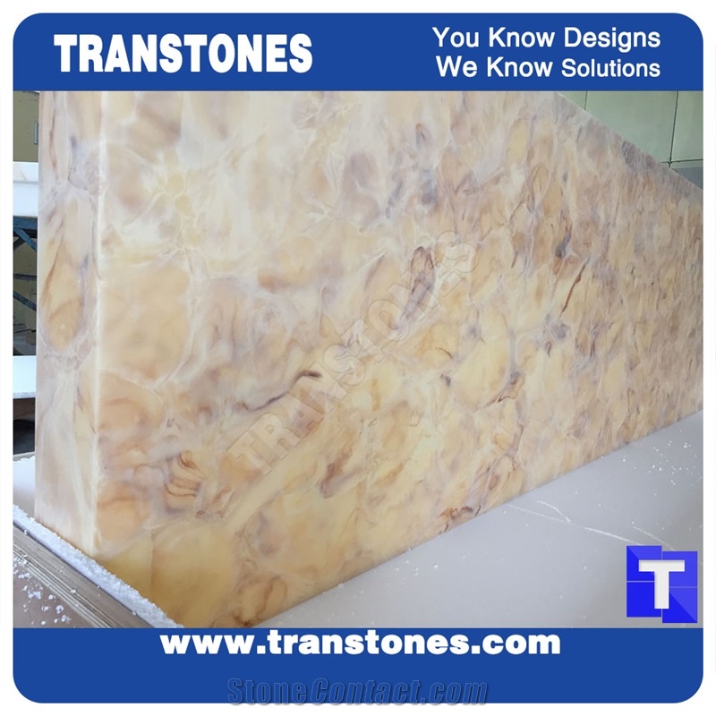 Processing Show-Solid Surface Arobo Dune Artificial Marble Bar Top,Golden Yellow Chain Reception Countertops High Gloss Polished for Office,Hotel Lobby Decor Interior Glass Resin Stone Manufacture