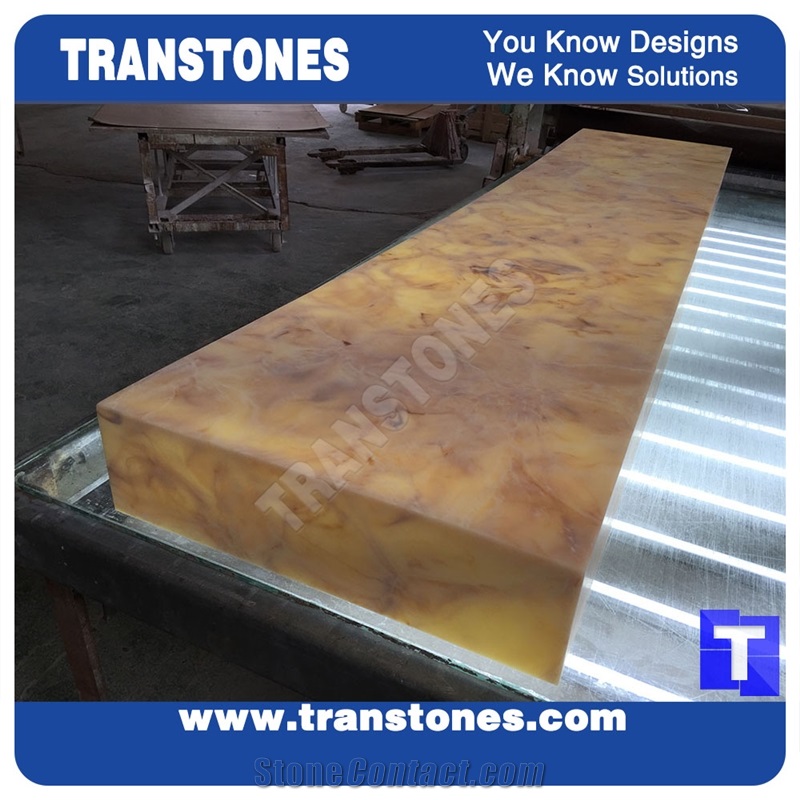 Processing Show-Solid Surface Arobo Dune Artificial Marble Bar Top,Golden Yellow Chain Reception Countertops High Gloss Polished for Office,Hotel Lobby Decor Interior Glass Resin Stone Manufacture