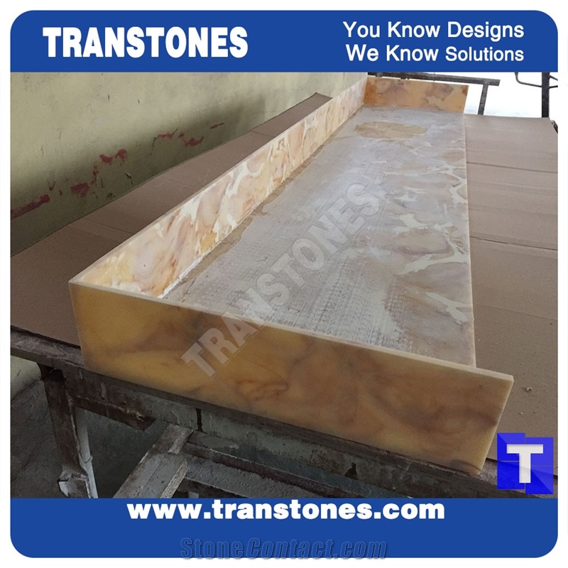 Processing Show-Solid Surface Fossi Arobo Dune Artificial Marble Bar Top,Golden Yellow Chain Reception Countertops High Gloss Polished for Office,Hotel Decor Interior Glass Resin Stone