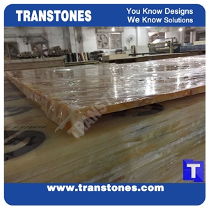 Processing Show Solid Surface Fossi Arobo Dune Artificial Marble Bar Top,Golden Yellow Chain Reception Countertops High Gloss Polished for Office,Hotel Decor Interior Glass Resin Stone