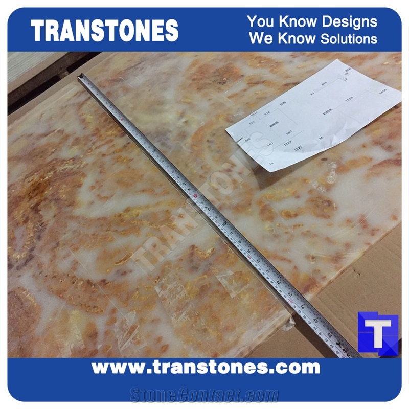 Processing Show Solid Surface Fossi Arobo Dune Artificial Marble Bar Top,Golden Yellow Chain Reception Countertops High Gloss Polished for Office,Hotel Decor Interior Glass Resin Stone