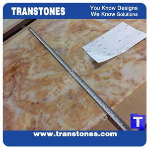 Processing Show Solid Surface Fossi Arobo Dune Artificial Marble Bar Top,Golden Yellow Chain Reception Countertops High Gloss Polished for Office,Hotel Decor Interior Glass Resin Stone