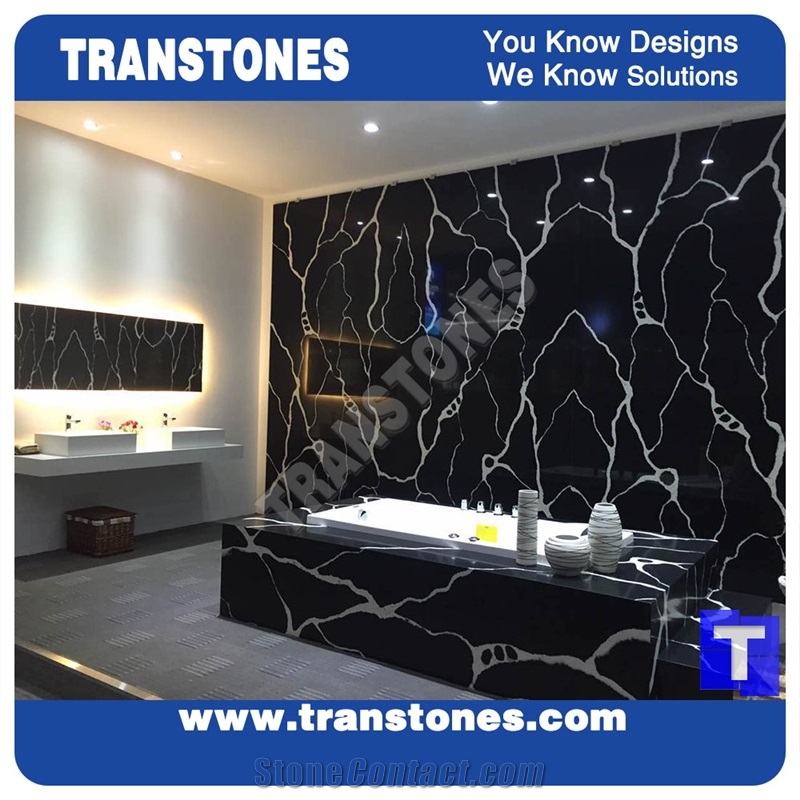 Solid Surface Artificial Nero Calacatta Quartz Marble Tiles for Wall Panel,Bathtub Surround Coveirng,Black Engineered Stone Slab,China Professinal Interior Furniture Manufacture