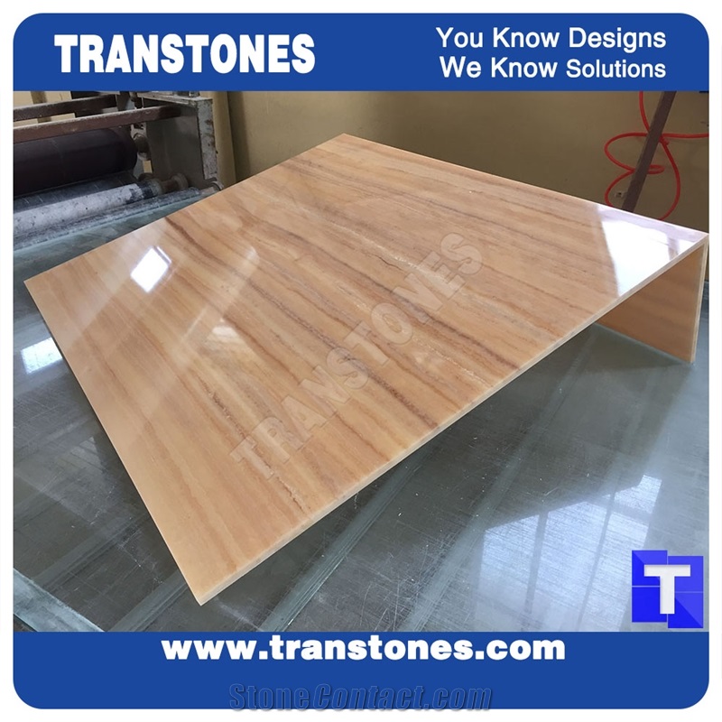 Solid Surface Imperial Wooden Vien Faux Marble Slabs,Tile Wall Panel,Engineered Stone Artificial Fossi Yellow Wood Grain Stone Translucent Backlit