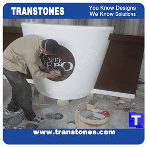 Solid Surface White Artificial Marble Quarzt Stone Coffee Round Desk,Reception Counter Bar Top,Interior Table Stone,Furniture with 3d Cnc Carved Hollow Bench,Chair