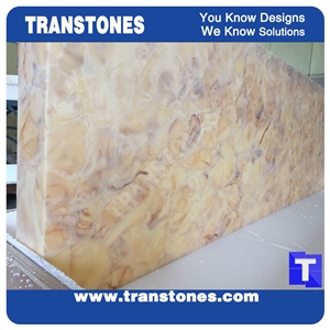 Solid Surface Yellow Spray Wave Faux Onyx Curved Reception Desk,Interior Tabletop Panel Furniture Stone,Artificial Alabaster Honed