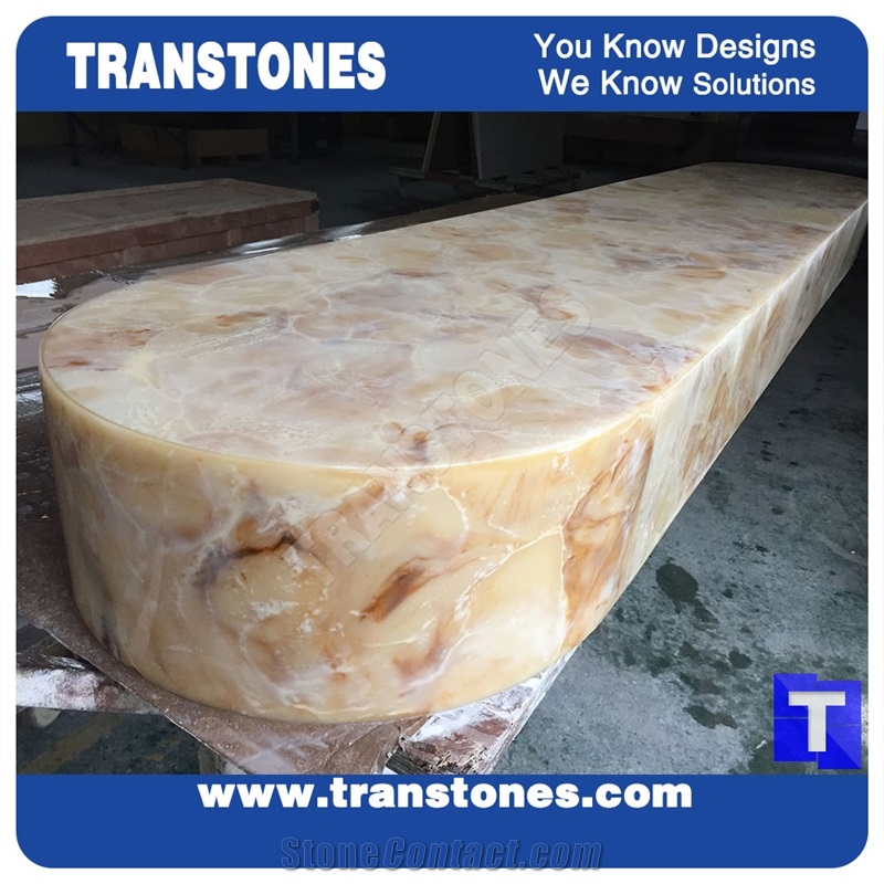 Solid Surface Yellow Spray Wave Faux Onyx Curved Reception Desk,Interior Tabletop Panel Furniture Stone,Artificial Alabaster