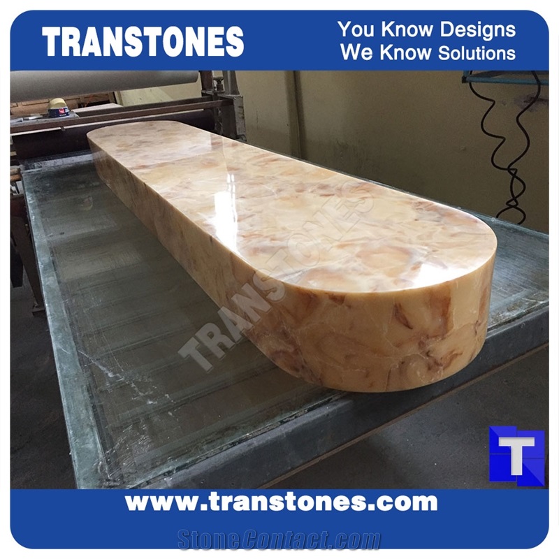 Solid Surface Yellow Spray Wave Faux Onyx Curved Reception Desk,Interior Tabletop Panel Furniture Stone,Artificial Alabaster