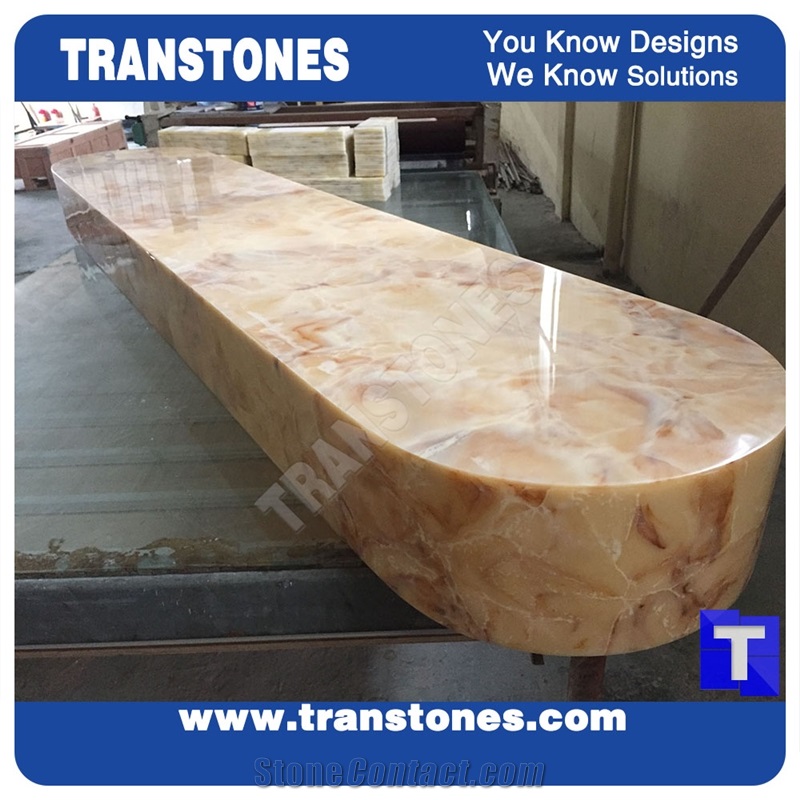 Solid Surface Yellow Spray Wave Faux Onyx Curved Reception Desk,Interior Tabletop Panel Furniture Stone,Artificial Alabaster
