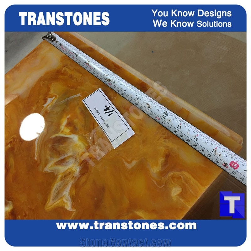 Translucent Engineered Glass Stone Solid Surface Yellow Spray Wave Faux Onyx Rectangle Reception Desk,Interior Tabletop Panel Furniture Laminated Alabaster