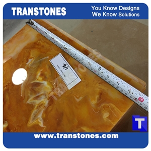 Translucent Engineered Glass Stone Solid Surface Yellow Spray Wave Faux Onyx Rectangle Reception Desk,Interior Tabletop Panel Furniture Laminated Alabaster