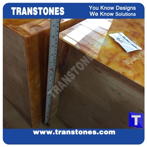 Translucent Engineered Glass Stone Solid Surface Yellow Spray Wave Faux Onyx Rectangle Reception Desk,Interior Tabletop Panel Furniture Laminated Alabaster