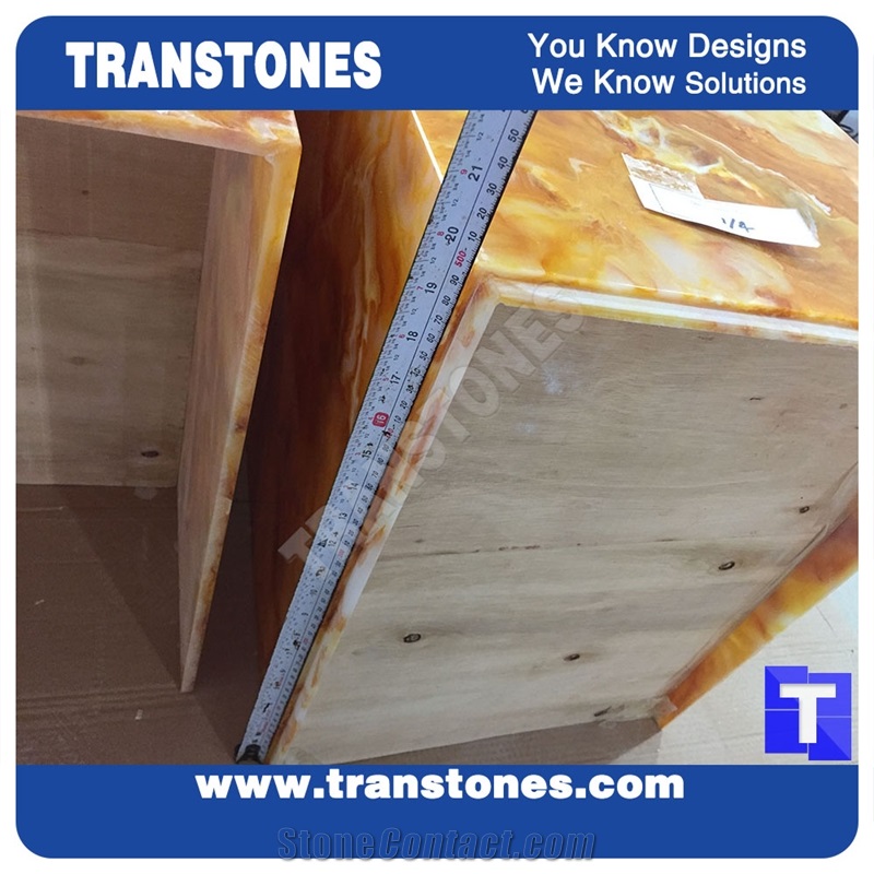 Translucent Engineered Glass Stone Solid Surface Yellow Spray Wave Faux Onyx Rectangle Reception Desk,Interior Tabletop Panel Furniture Laminated Alabaster