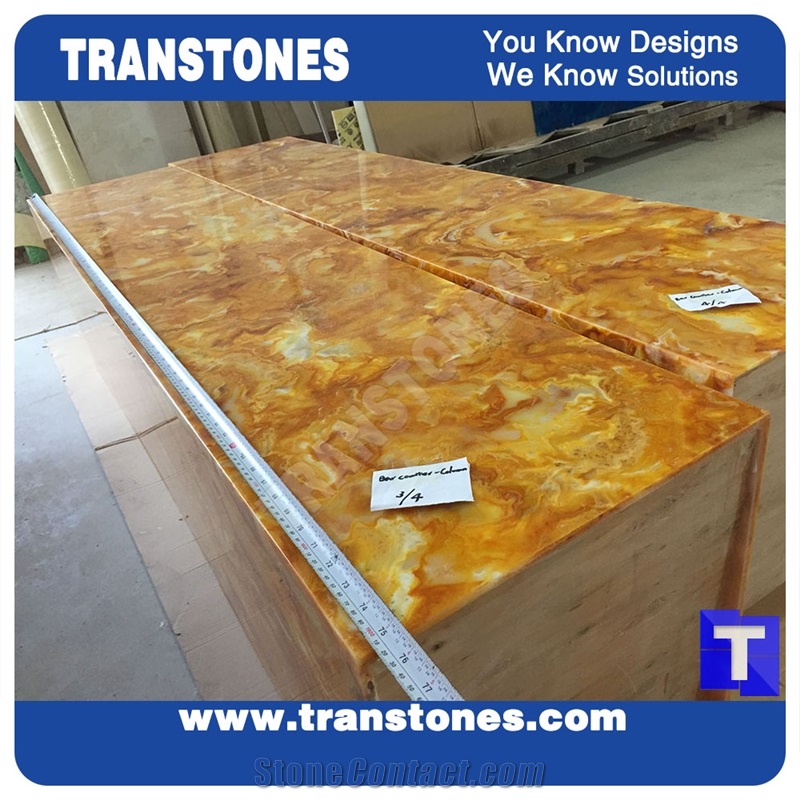 Translucent Engineered Glass Stone Solid Surface Yellow Spray Wave Faux Onyx Rectangle Reception Desk,Interior Tabletop Panel Furniture Laminated Alabaster