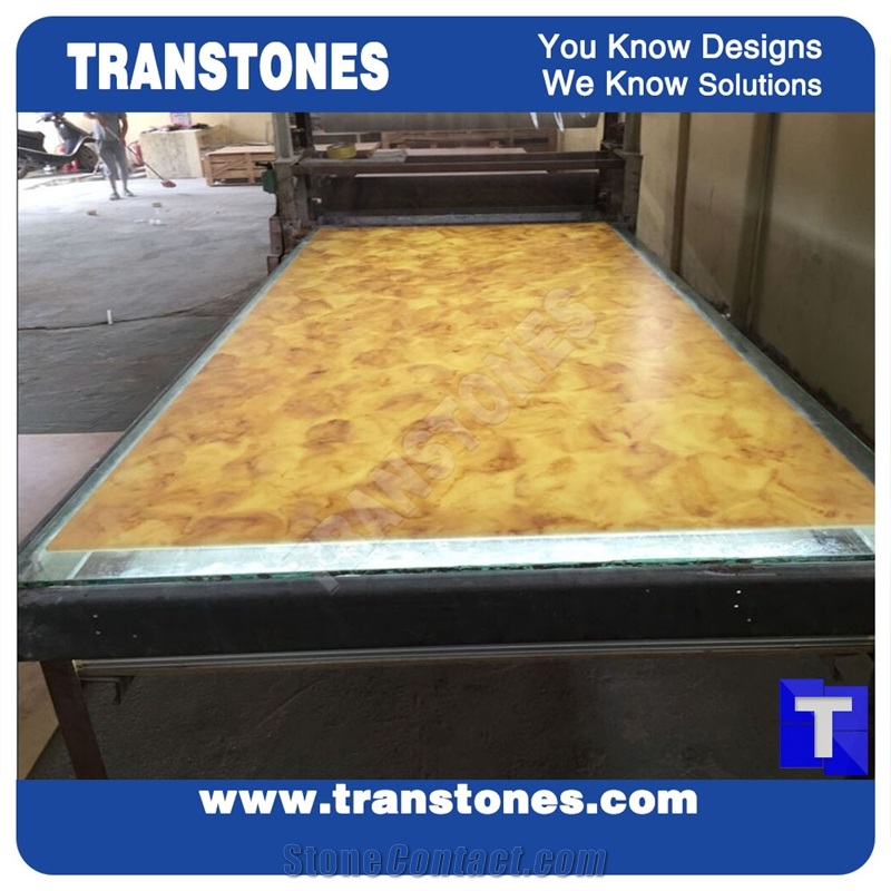 Translucent Yellow Dream Artificial Marble Slabs Tile for Wall Panel Floor Covering Paving,Translucent Backlit Crystallized Spray Wave Marble Look Glass Resin Golden Shell Marble