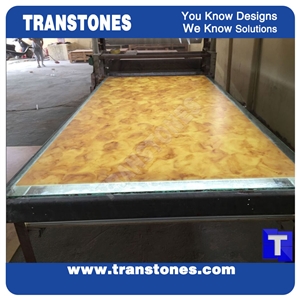 Translucent Yellow Dream Artificial Marble Slabs Tile for Wall Panel Floor Covering Paving,Translucent Backlit Crystallized Spray Wave Marble Look Glass Resin Golden Shell Marble