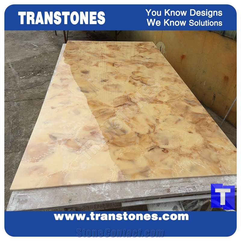 Translucent Yellow Dream Artificial Marble Slabs Tile for Wall Panel Floor Covering Paving,Translucent Backlit Crystallized Spray Wave Marble Look Glass Resin Golden Shell Marble
