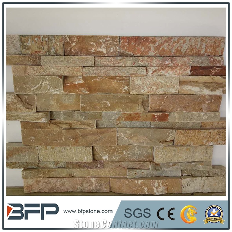 Beige Quartzite Stacked Stone Veneer, Golden Yellow Golden Quartzite Stacked Stone Wall Cladding