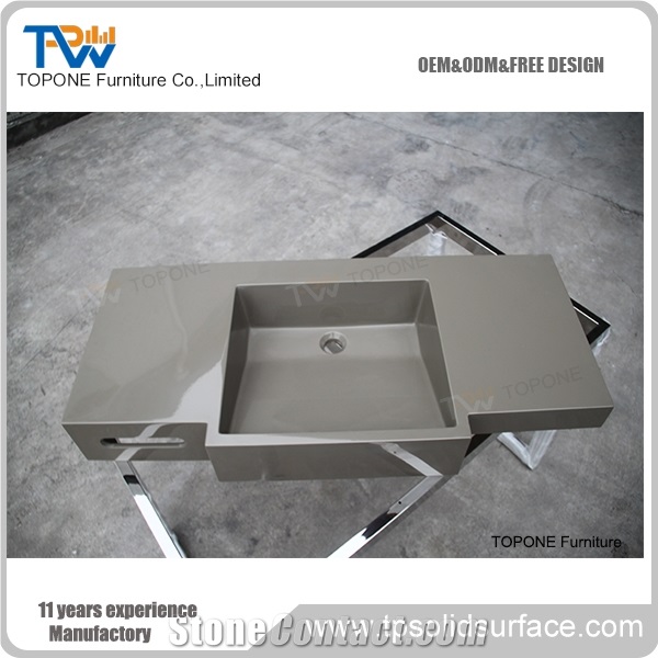 Grey Color Artificial Marble Stone Vanity Hotel Sinks, Interior Stone Acrylic Solid Surface Grey Hotel Washbasins, Interior Stone Sinks
