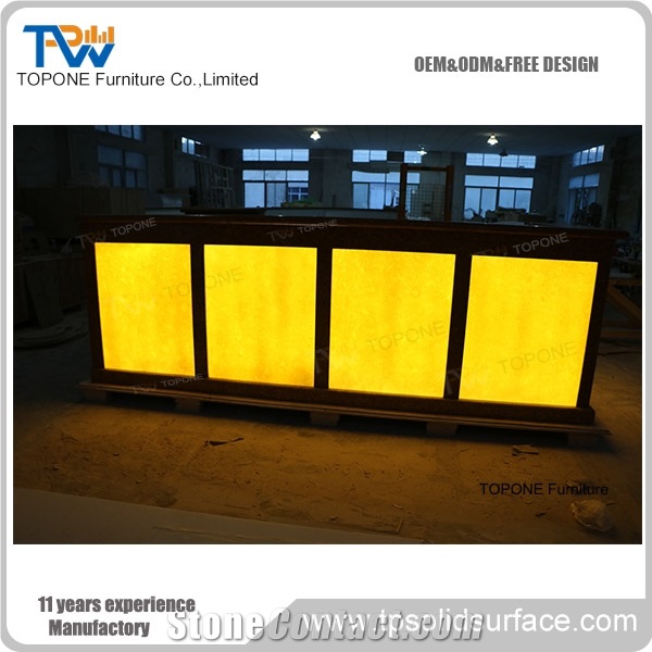 Led Lighted Artificial Marble Stone Hotel Led Reception Desk Tops, Interior Stone Acrylic Solid Surface Led Lighted Illuminated Hotel Front Desk Tops Design, Interior Stone Hotel Furniture for Sale