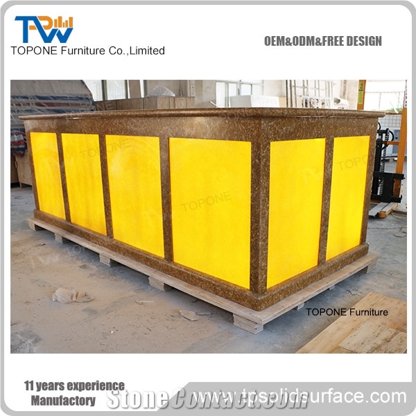 Led Lighted Artificial Marble Stone Hotel Led Reception Desk Tops, Interior Stone Acrylic Solid Surface Led Lighted Illuminated Hotel Front Desk Tops Design, Interior Stone Hotel Furniture for Sale