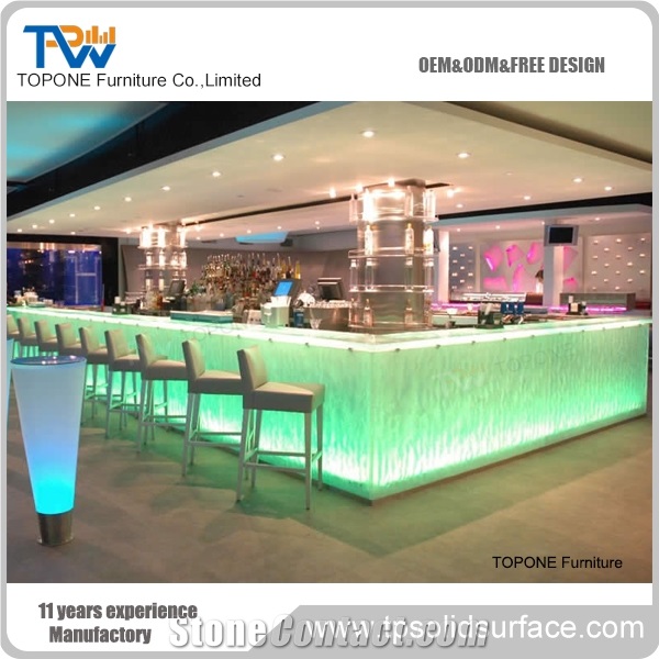 Straight Shape China Factory Supply Blue Color Lighted Bar Counter Desk Tops with Acrylic Solid Surface Interior Stone Bar Counter Design, Interior Stone Bar Furniture