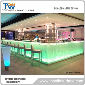 Straight Shape China Factory Supply Blue Color Lighted Bar Counter Desk Tops with Acrylic Solid Surface Interior Stone Bar Counter Design, Interior Stone Bar Furniture
