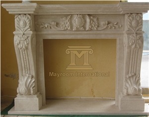 Marble Cream Marfil Fireplace with Nice Flower Carvings for Interior Decoration