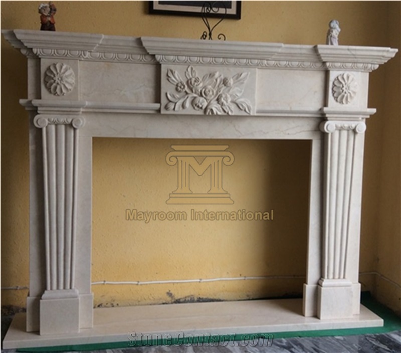 Turkish Marble/ Ottoman Beige Marble Fireplace with Flower Carving for Home Decoration