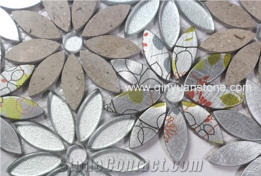 New Arrival Uv Print Flower Pestals Mosaic Tiles Home Decor Metal Mosaic Tile Mixed Marble Mosaic Tile