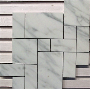 Bianco Carrara Random Strip Honed Marble Mosaic Tile , Calacatta Gold Bullets Mosaic,White Marble Mix Brick , China White Marble Mosaic,Linear Strips Stone Mosaic Interlocking Polished Marble Mosaic