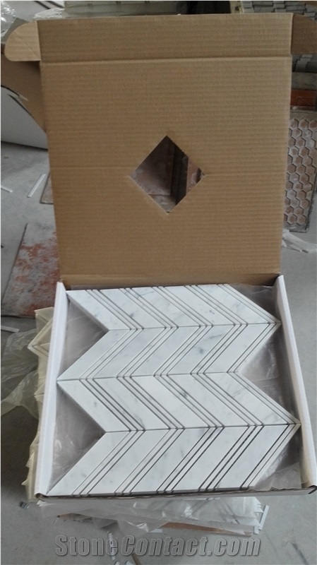 Carrara Bianco 1x3 Herringbone Marble Mosaic,Carrara White, Calacatta Gold,China White Marble Herringbone Mosaic , Marble Floor and Wall Mosaic,Linear Strip Mosaic,Venatino Arrow Mosaic