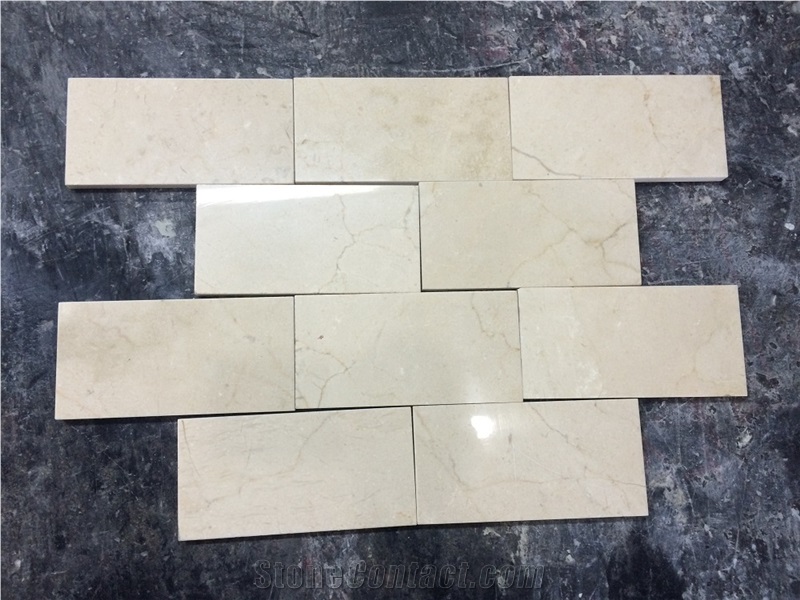 Crema Marfil Subway Tile,Spanish Crema Marfil Brick Mosaic Tile, Cream Marble Mosaic, Marble Subway Wall Mosaic Tile ,Crema Marfil Beveled Pillowed Mesh-Mosaic Marble Tile