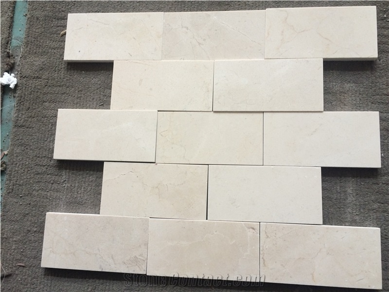 Crema Marfil Subway Tile,Spanish Crema Marfil Brick Mosaic Tile, Cream Marble Mosaic, Marble Subway Wall Mosaic Tile ,Crema Marfil Beveled Pillowed Mesh-Mosaic Marble Tile