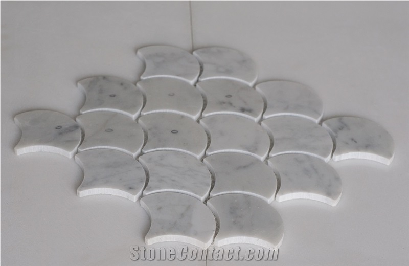 Italian White Carrara Fan-Shaped Mosaic , Carrara White Mosaic Pattern ,Marble Mosaic Pattern